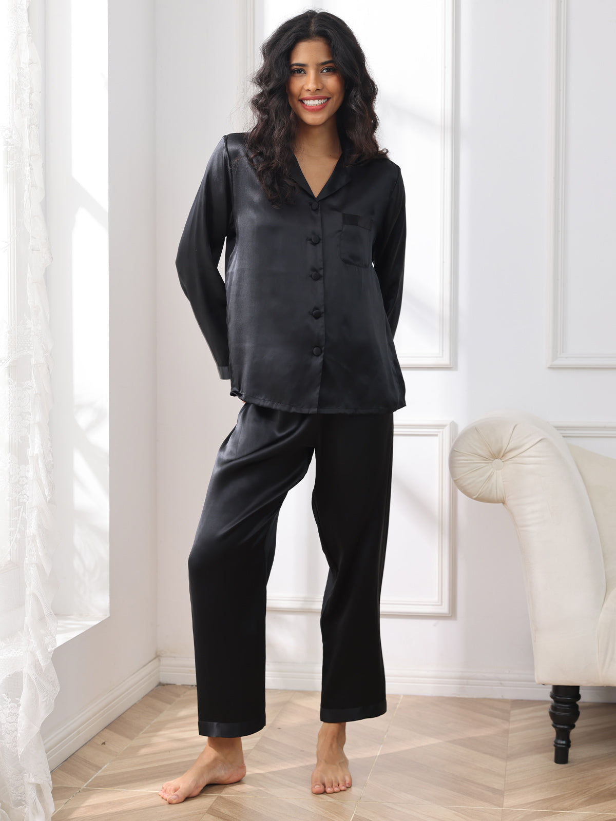 [Black] SilkSilky-AU Pure Silk Long Sleeve Notch Collar Women's Pyjamas 003