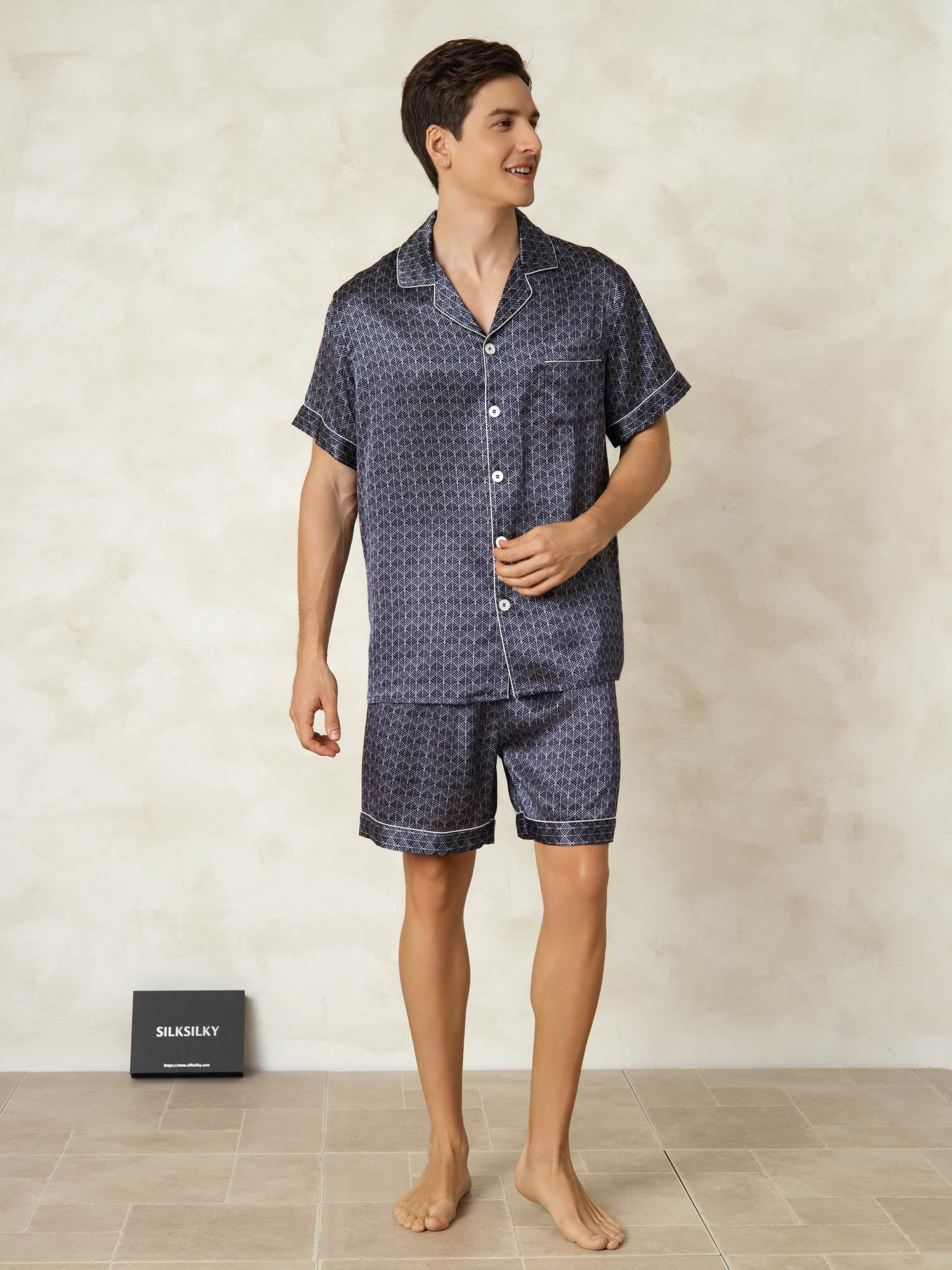 [NavyGinkgo] SilkSilky-AU Pure Silk Lapel Collar Men's Pyjamas 006