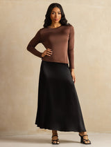 [Coffee] SilkSilky-AU 100% Silk Jersey Long Sleeve Crew Neck Women's T-Shirt 008