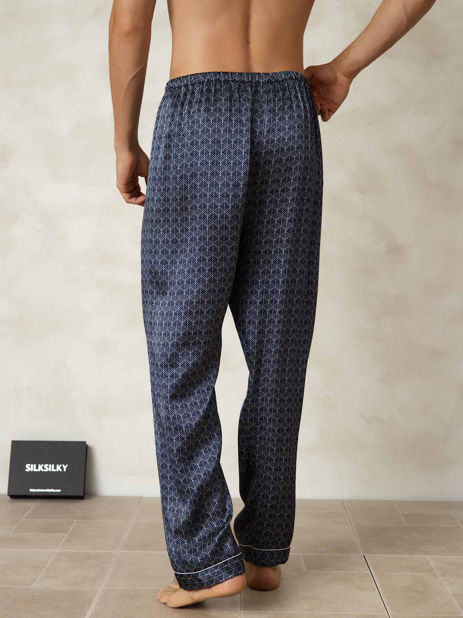 [Navy Ginkgo] SilkSilky-AU Pure Silk Mens Sleep Bottoms 002
