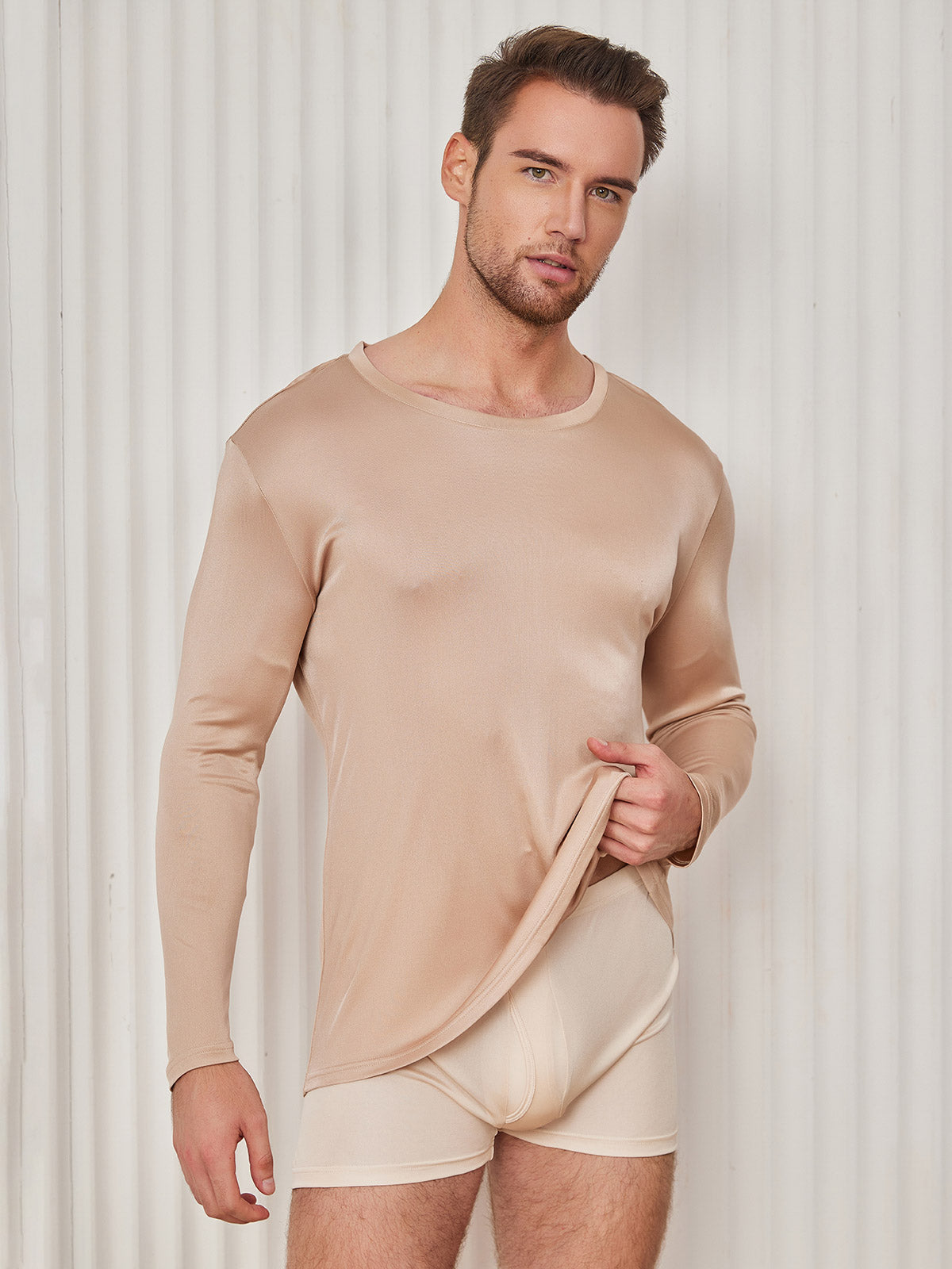 SilkSilky AU Silk Knitted Long Sleeve Round Neck Men's T Shirt Beige 003