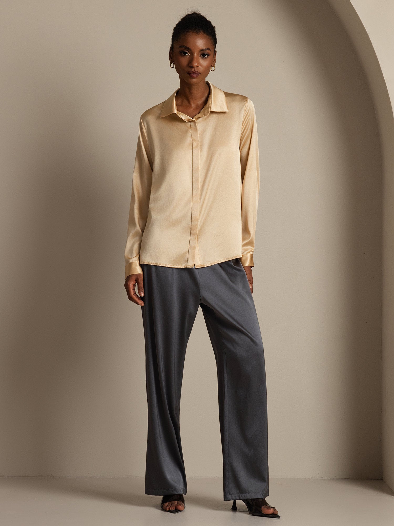 [Champagne] SilkSilky-AU 19Momme Silk Lapel Collar Women's Shirt 009