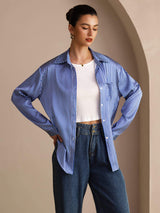 [Blue Pinstripe] SilkSilky-AU Long Sleeve Lapel Collar Women's Shirt 005