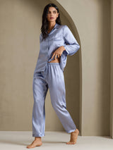[Steel Blue] SilkSilky-AU Long Sleeve Lapel Collar Women's Pyjamas 007
