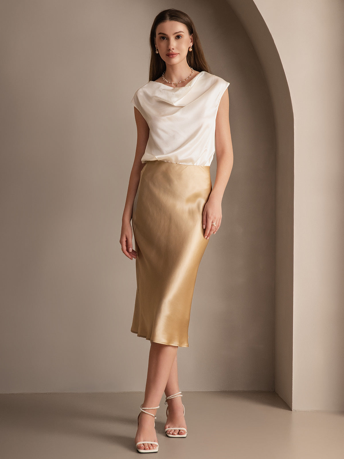 SilkSilky-AU 19Momme Pure Silk Skirt Champagne 003