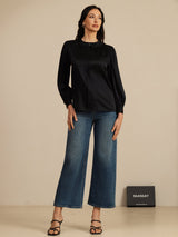 [Black] SilkSilky-AU 19Momme Long Sleeve Round Neck Blouse 005