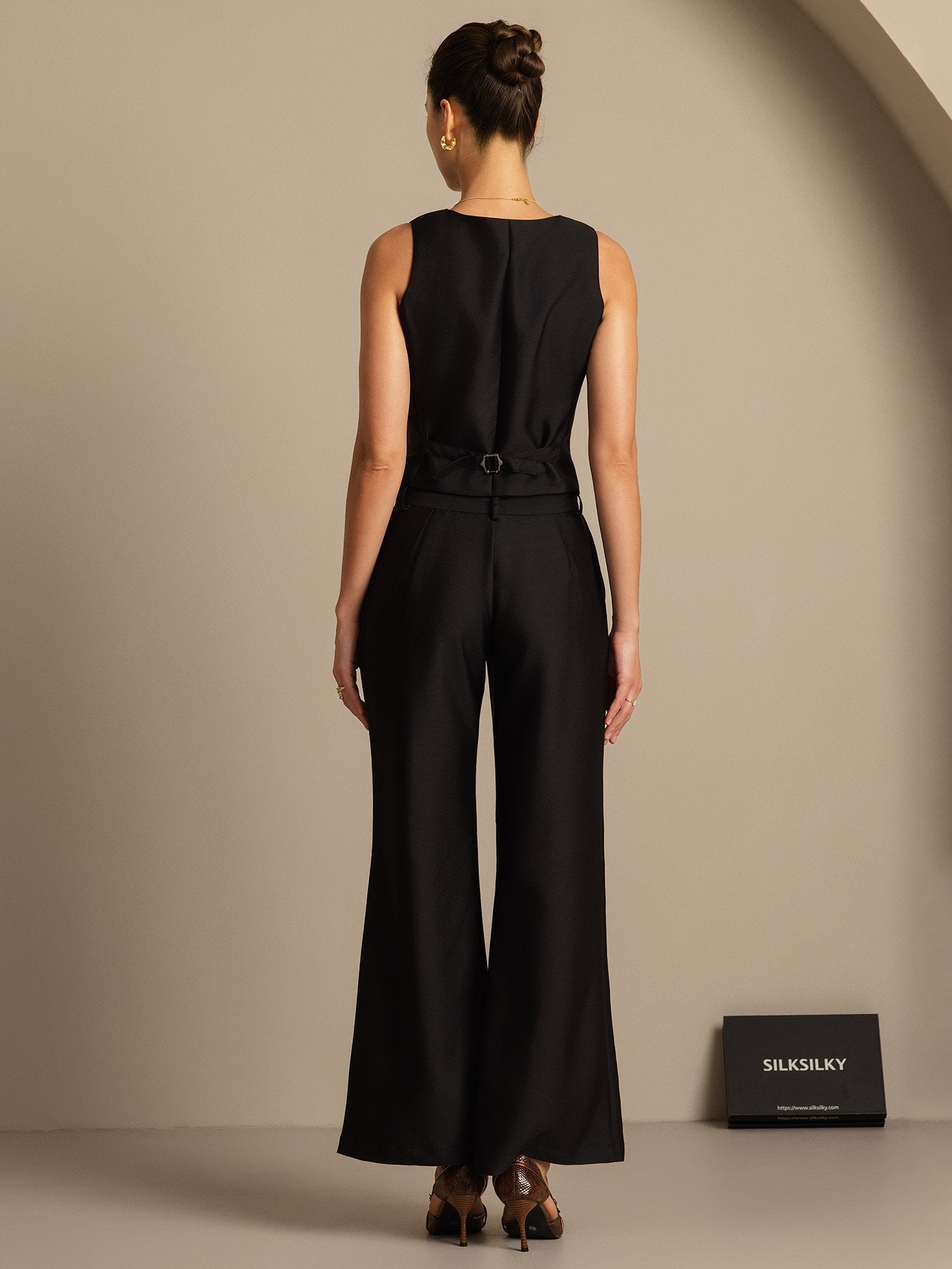 [Black] SilkSilky-AU 32Momme Wool V Neck Women's Vest 002,