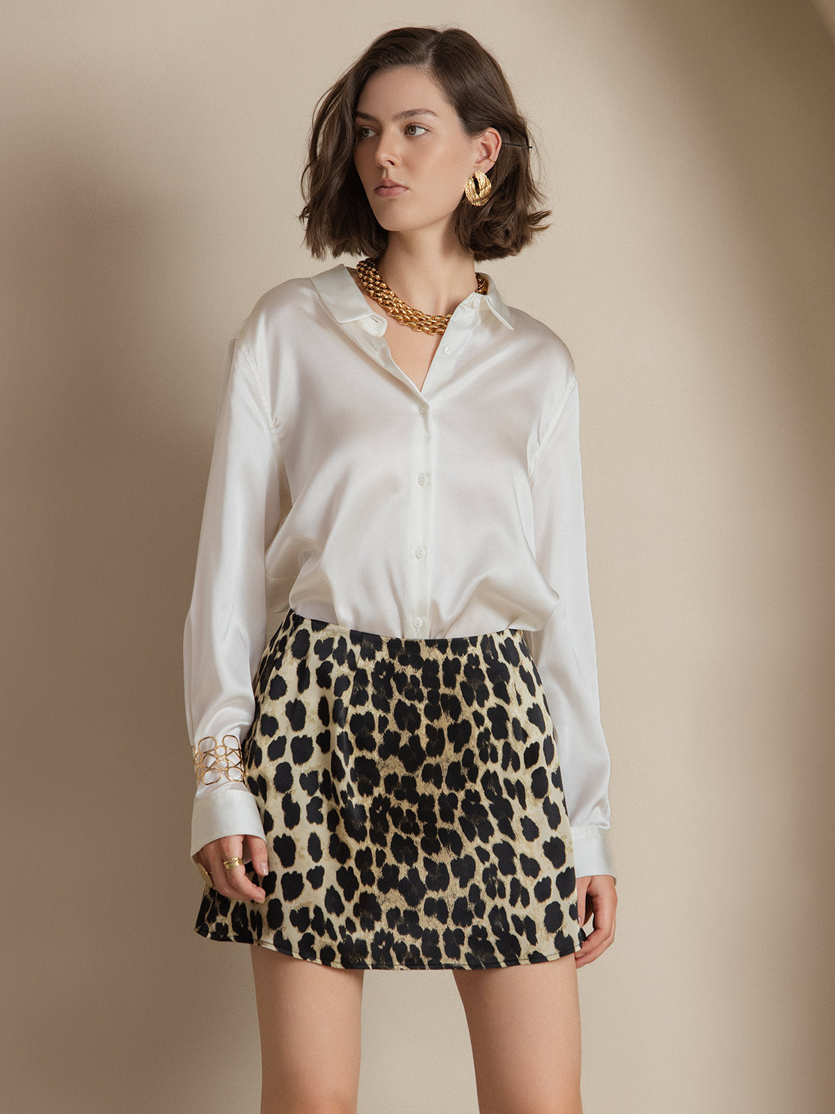 [White] SilkSilky-AU Silk Long Sleeve Lapel Collar Women's Shirt 005