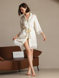 SilkSilky-AU Pure Silk 3/4 Sleeve Lapel Dress Beige 005