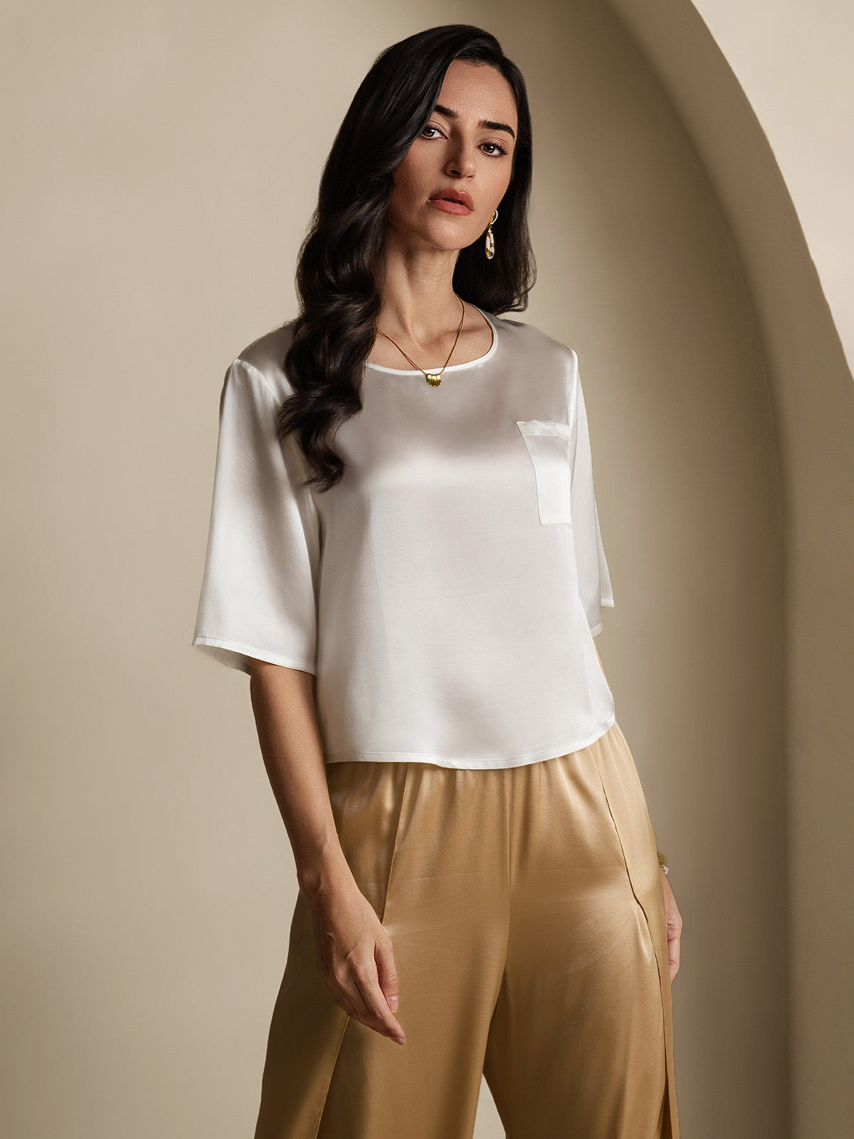 [White] SilkSilky-AU Pure Silk Boat Neck Women's T-Shirt 005