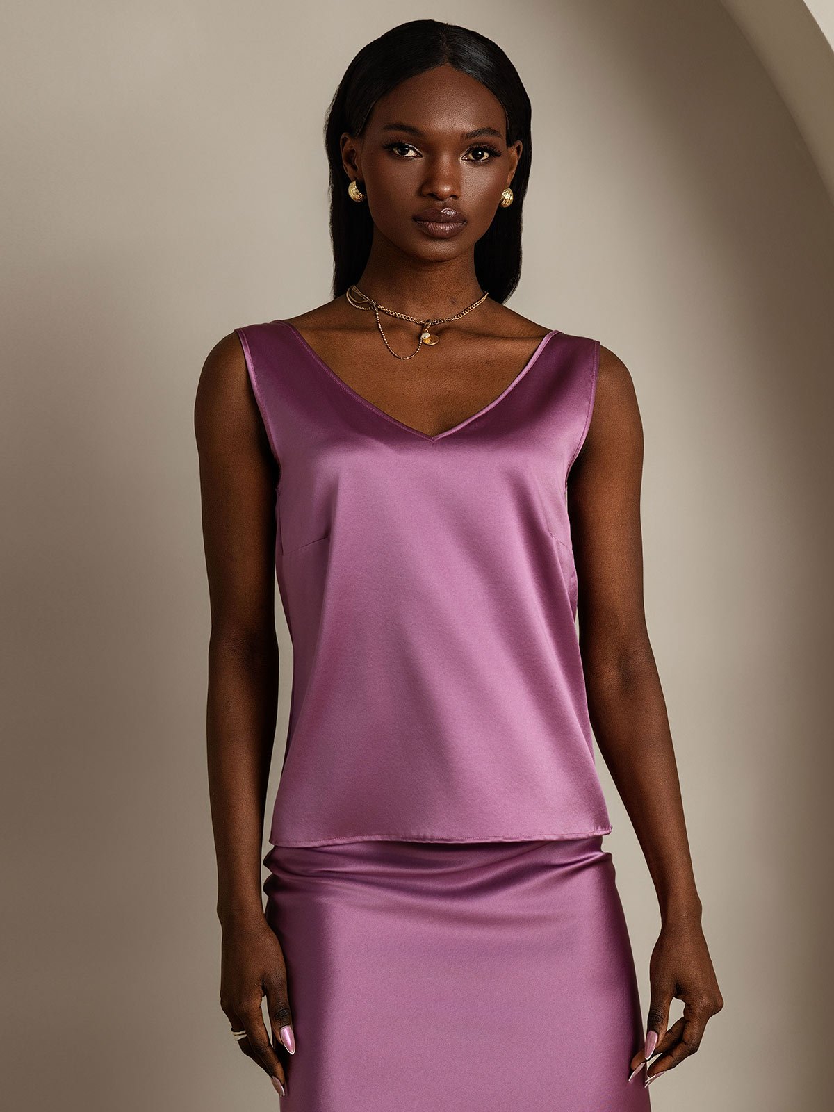 SilkSilky-AU 19Momme Silk V Neck Camisole DeepPurple 001