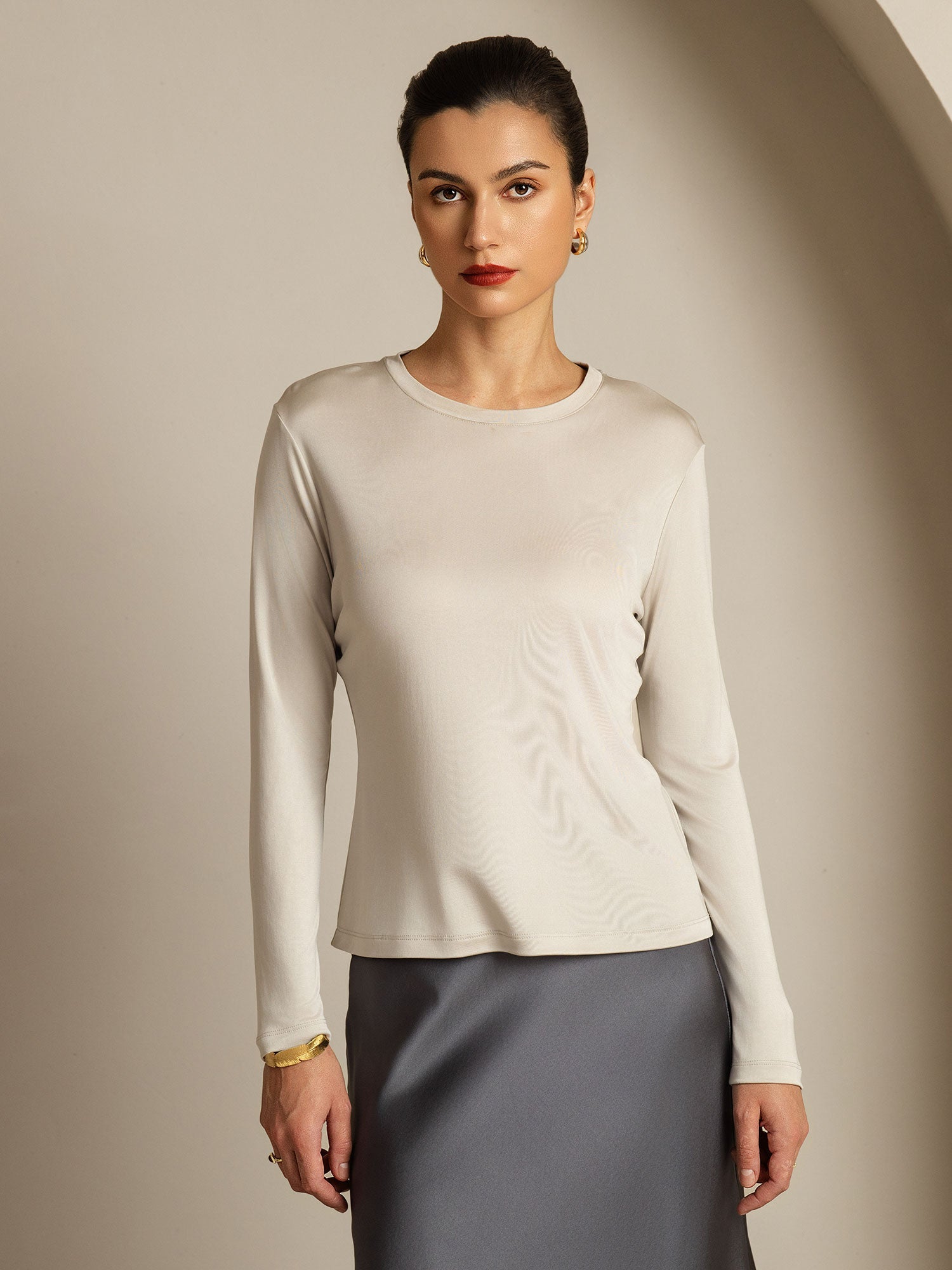 [Gray] SilkSilky-AU Pure Silk Womens T-Shirt 003,