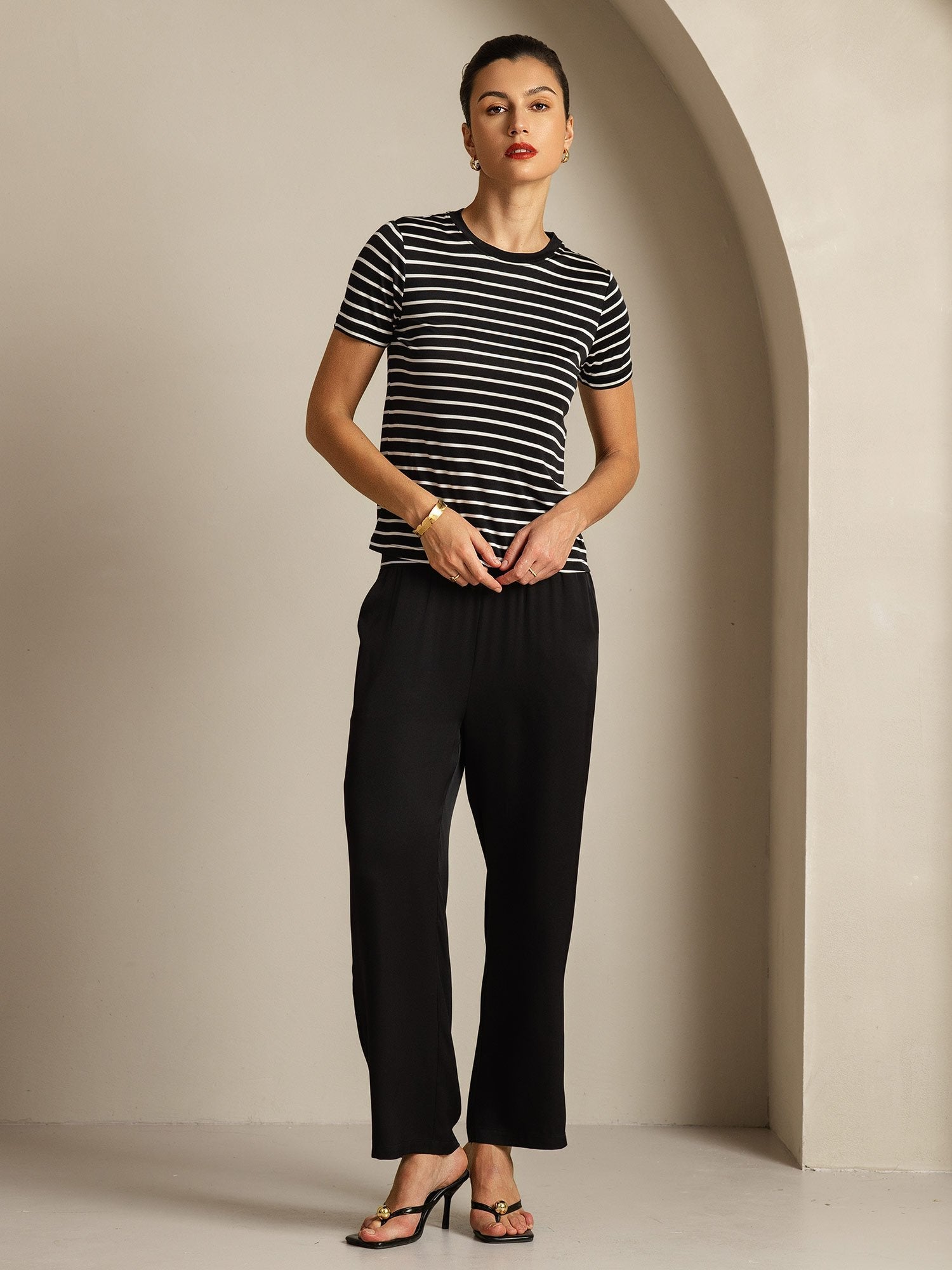 [BlackStripe] SilkSilky-AU Pure Silk Round Neck Women's T-Shirt 008