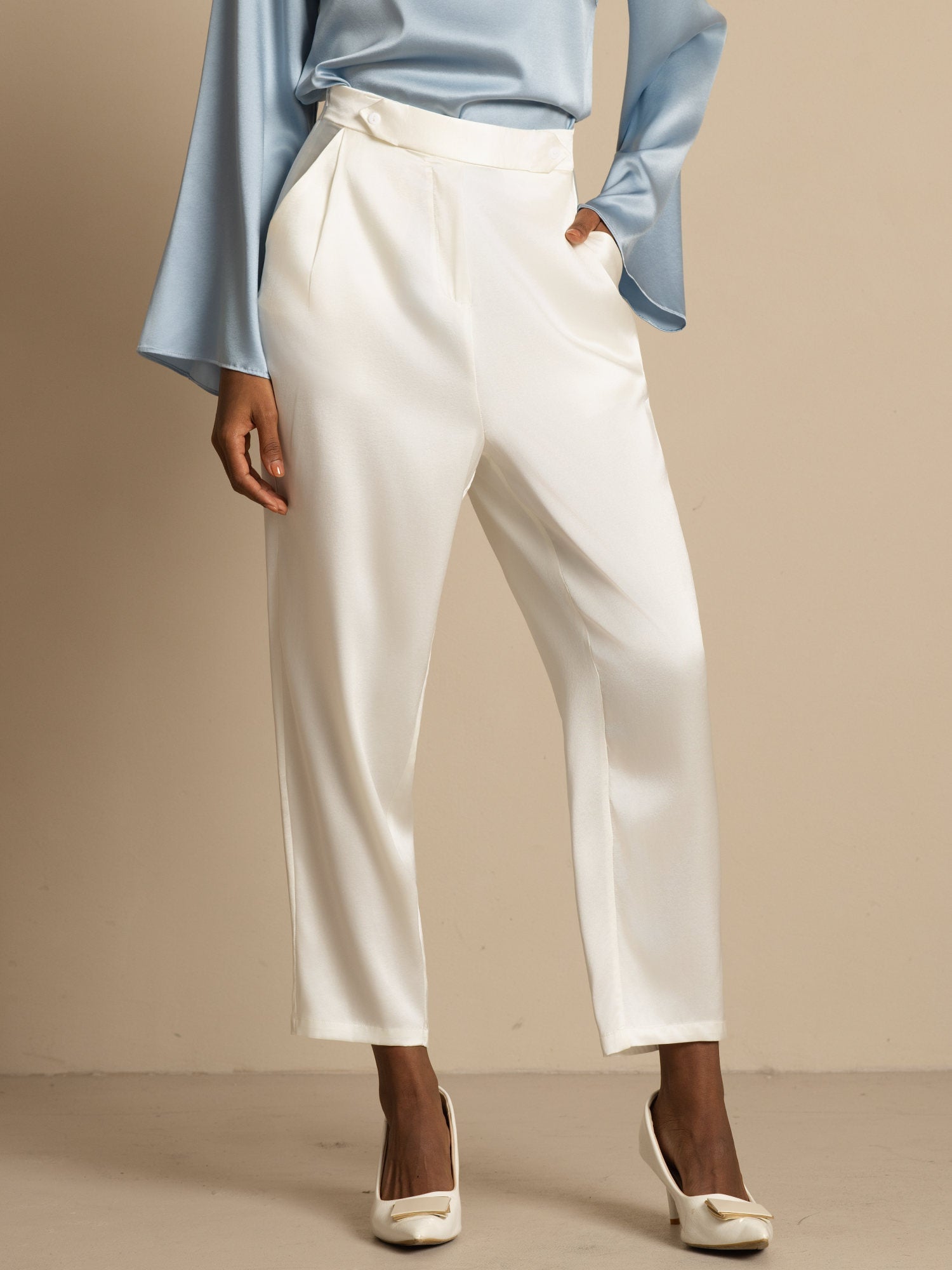[White] SilkSilky-AU 19Momme Silk Womens Pants 005