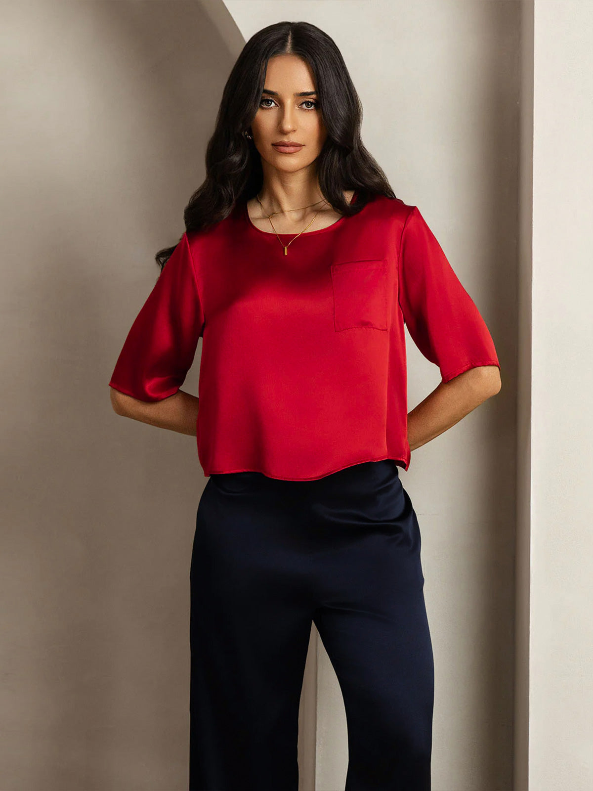 [Dark Red] SilkSilky-AU Pure Silk Boat Neck Women's T-Shirt 001