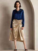 [Dark Blue] SilkSilky-AU 19Momme Stretch Silk Charmeuse Long Sleeve Lapel Collar Women's Shirt 001