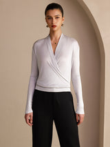 [Gray] SilkSilky-AU Long Sleeve Wrap Women's Blouse 001