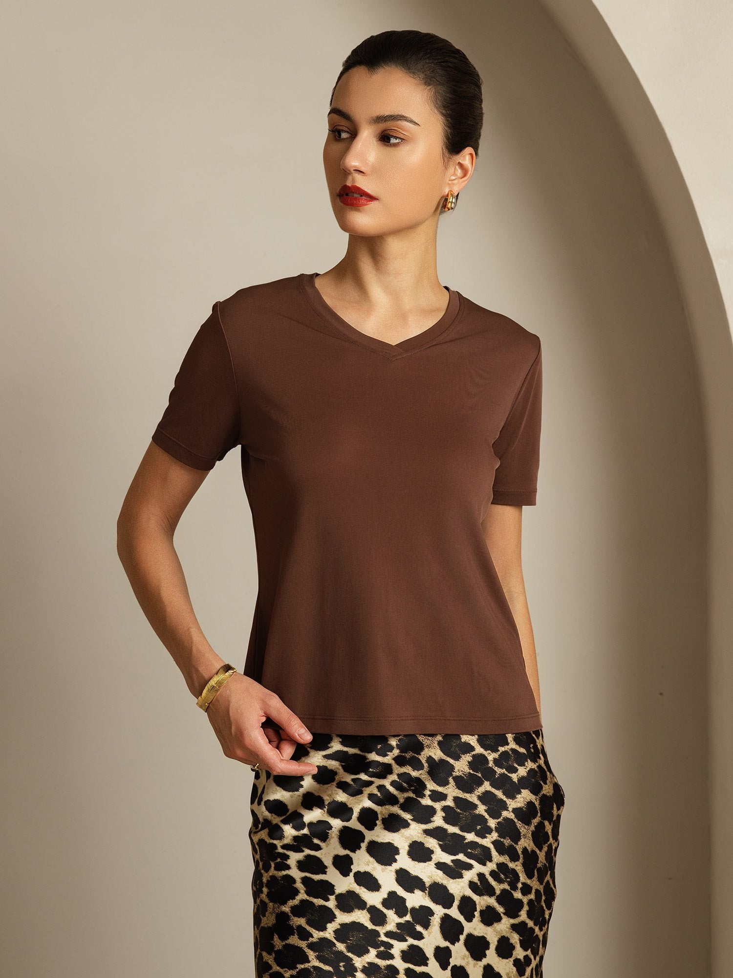 [Coffee] SilkSilky-AU Pure Silk V Neck Women's T-Shirt 007