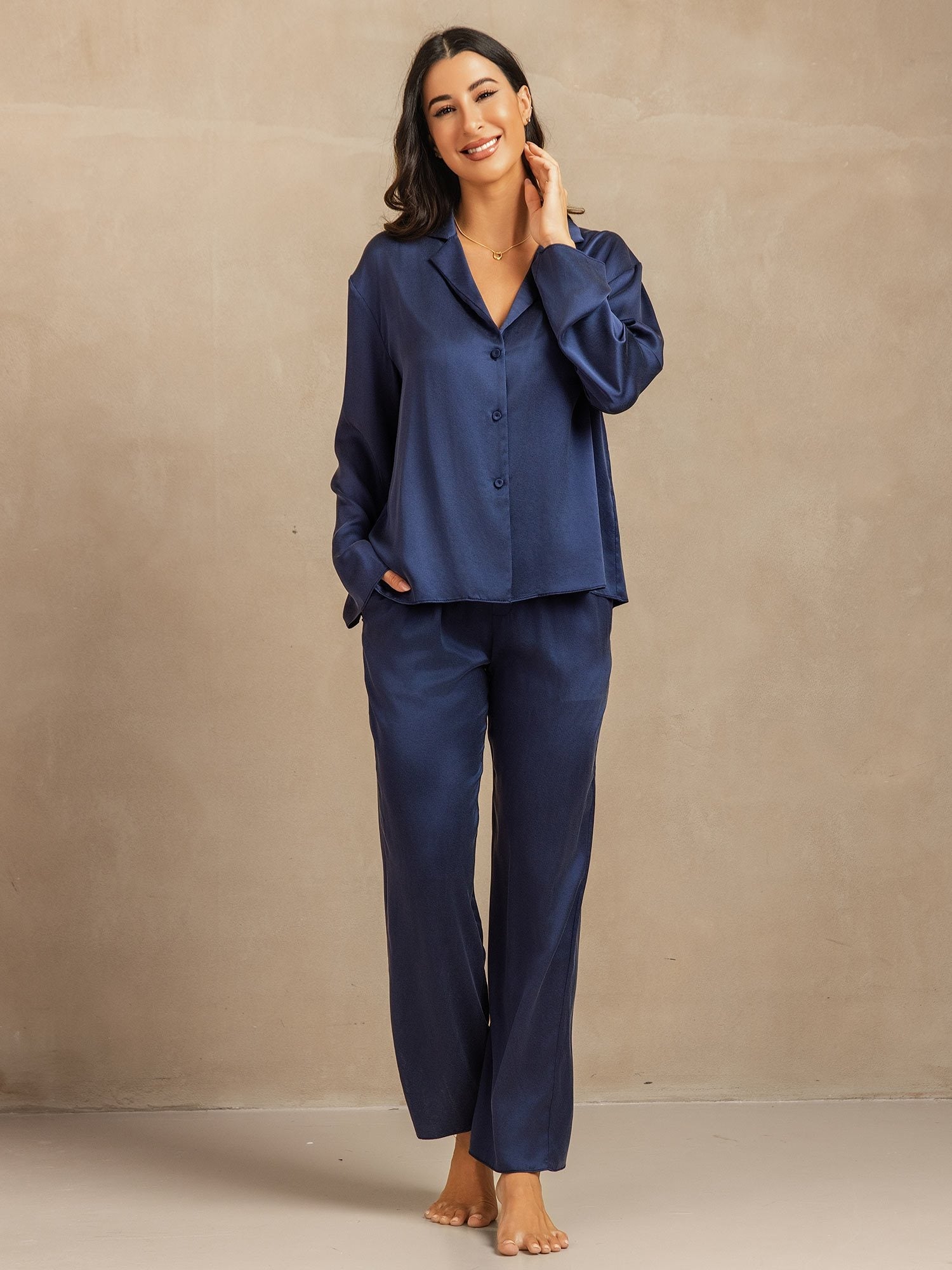 [Dark Blue] SilkSilky-AU 19Momme Machine-Washable Silk Long Sleeve Notch Collar Women's Pyjamas 003