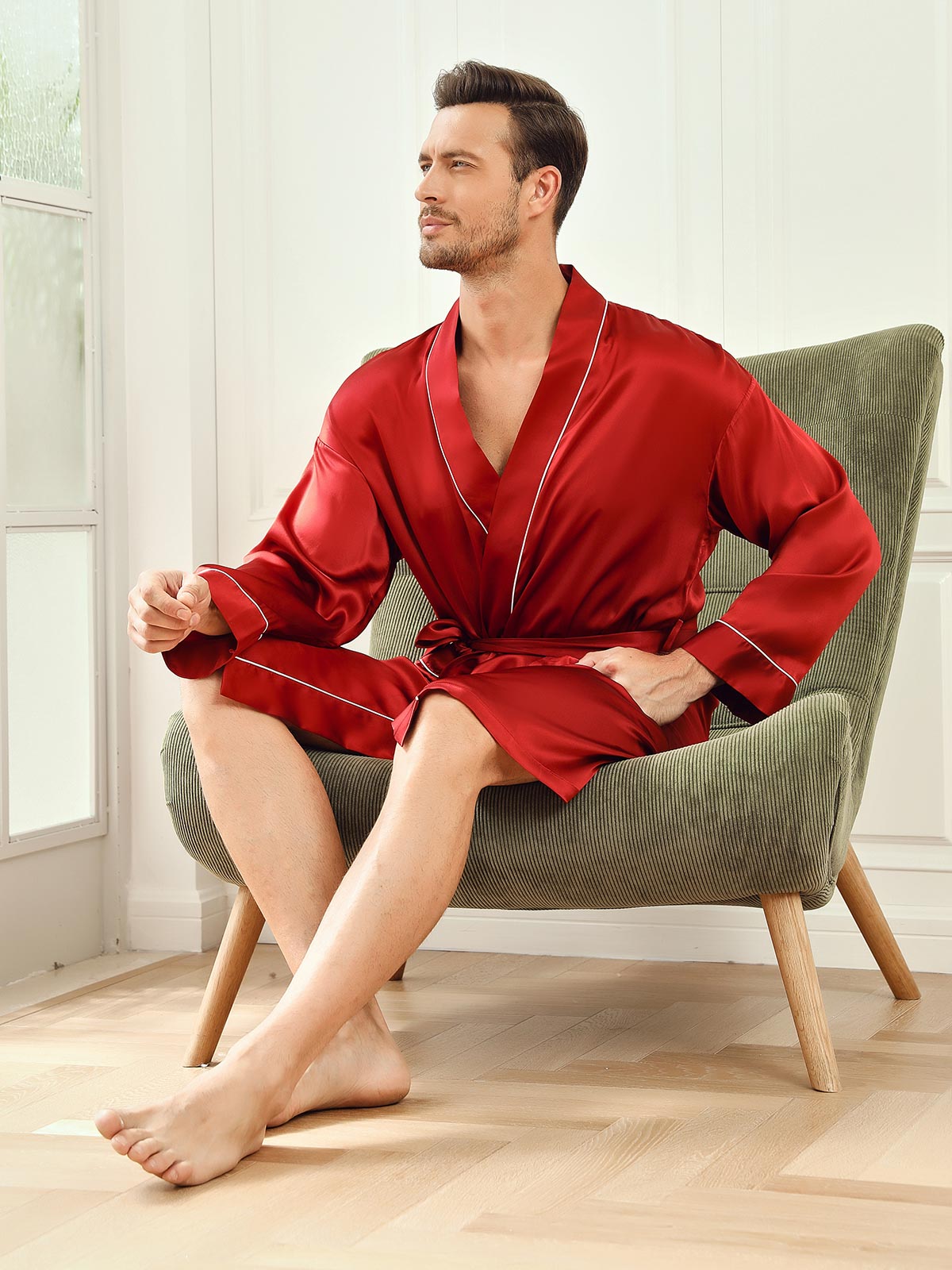 SilkSilky AU Pure Silk 3/4 Sleeve Mens Robe Wine 006