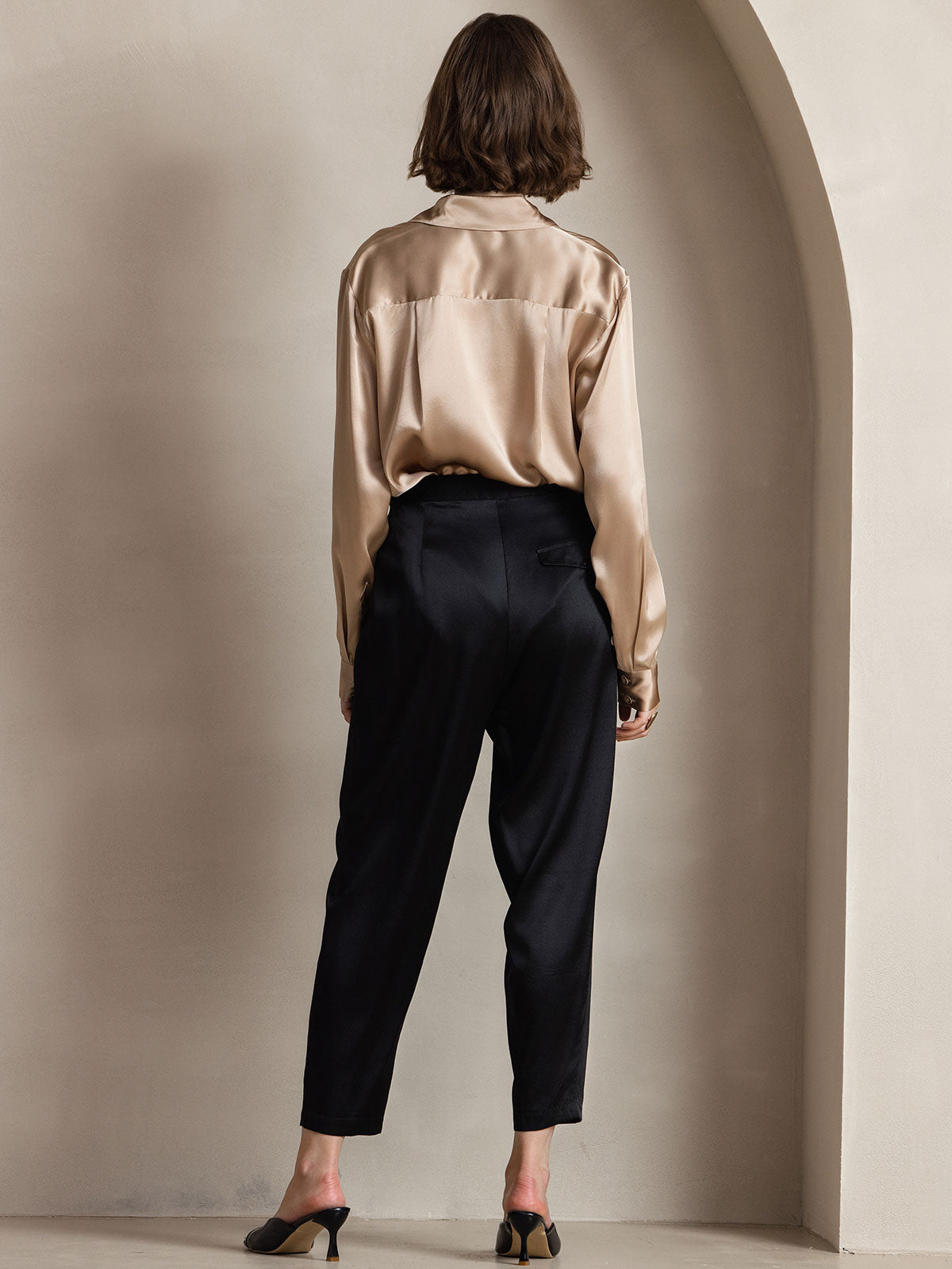 [Champagne] SilkSilky-AU 19Momme Stretch Silk Charmeuse Long Sleeve Lapel Collar Women's Shirt 004
