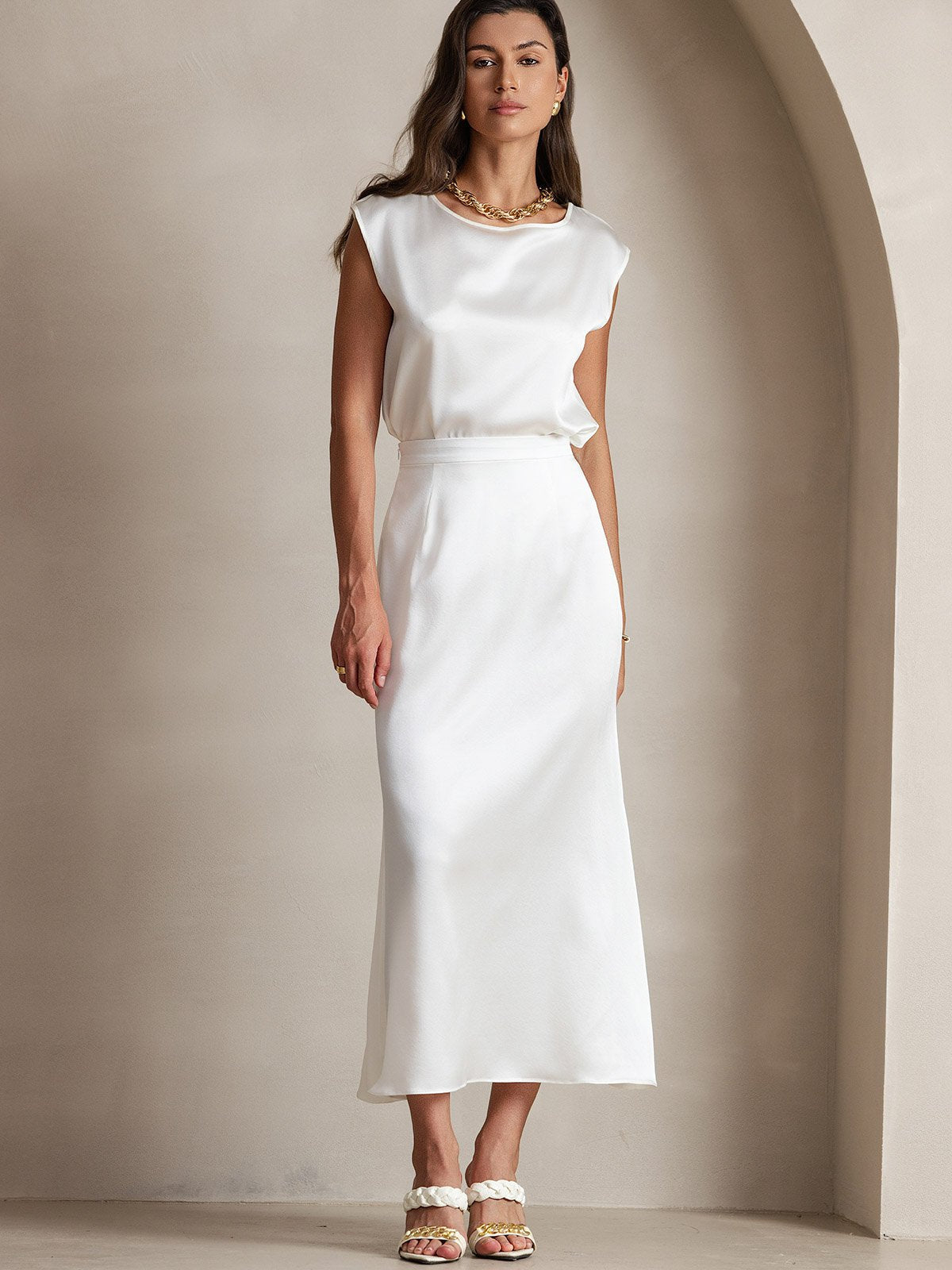 [White] SilkSilky-AU 19Momme Stretch Silk Charmeuse Skirt 006