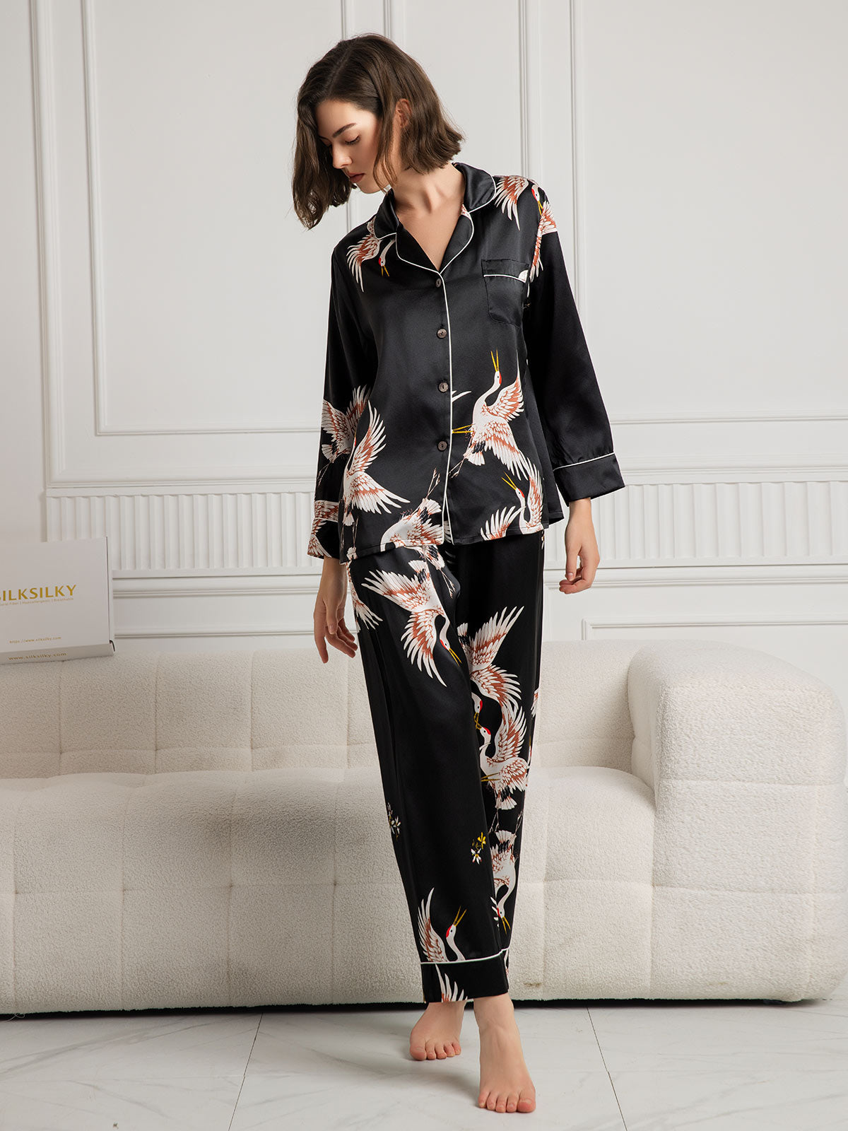 SilkSilky-AU 19Momme Pure Silk Long Sleeve Lapel Women's Pyjamas Black 004