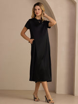 [Black] SilkSilky-AU Short Sleeve Crew Neck Dress 004