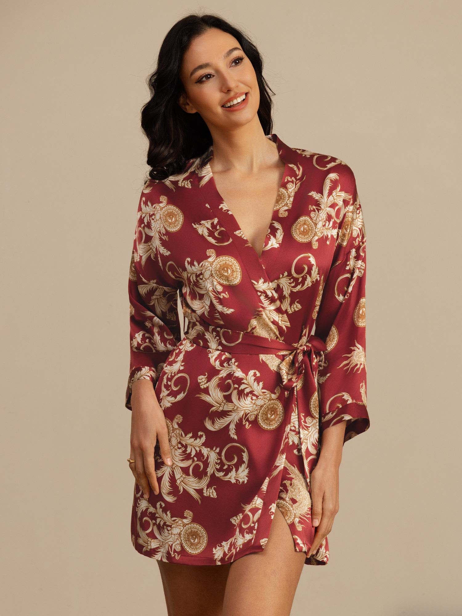 [Wine Dragon] SilkSilky-AU 3/4 Sleeve V Neck Women's Dressing Gown 003