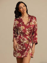 [Wine Dragon] SilkSilky-AU 3/4 Sleeve V Neck Women's Dressing Gown 003