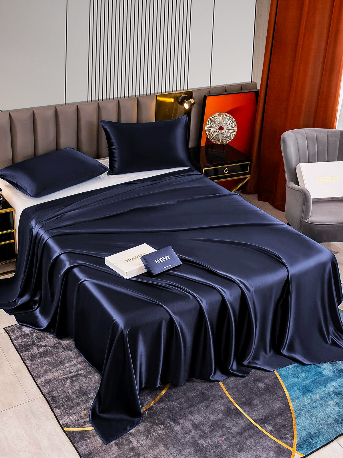 SilkSilky AU 22Momme Pure Silk Bedding Set DarkBlue 002