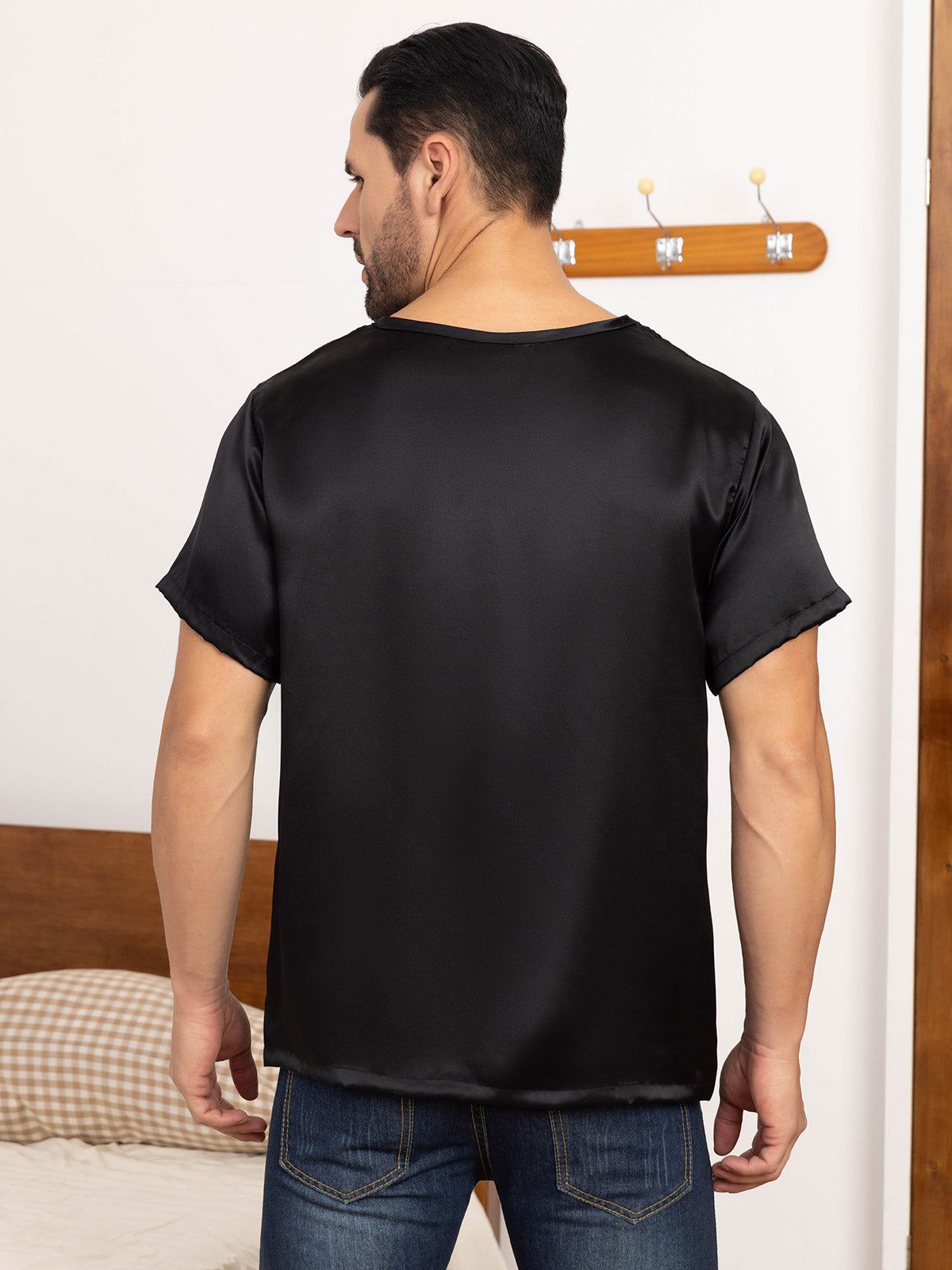 SilkSilky AU Pure Silk Short Sleeve Round Neck Men's T Shirt Black 002