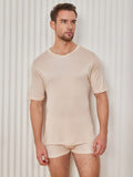 SilkSilky AU Silk Knitted Short Sleeve V Neck Men's T Shirt Beige 004