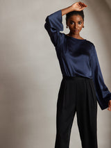 [Dark Blue] SilkSilky-AU Long Sleeve Boat Neck Blouse 005