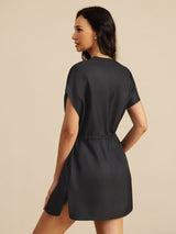 [Black] SilkSilky-AU 18Momme Silk Satin Surah Cap Sleeve Henley Neck Dress 002