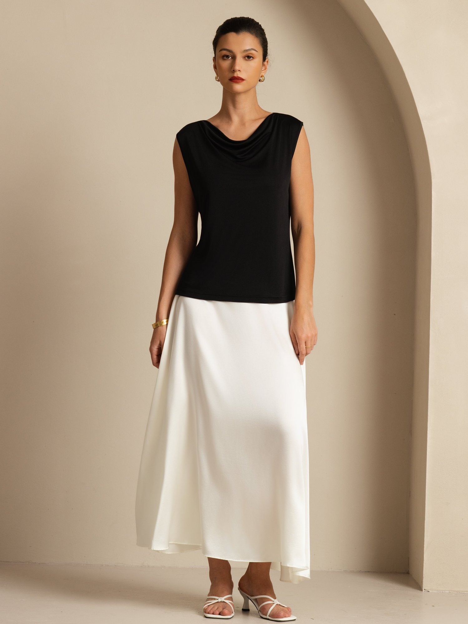 [Black] SilkSilky-AU 100% Silk Jersey Sleeveless Cowl Neck Women's T-Shirt 007