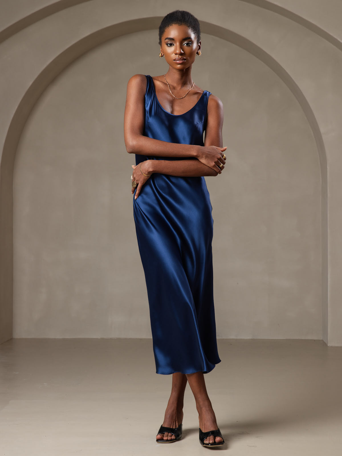 [Dark Blue] SilkSilky-AU Pure Silk Boat Neck Dress 001
