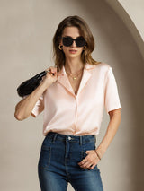 [Pink] SilkSilky-AU Short Sleeve Notch Collar Women's Shirt 003