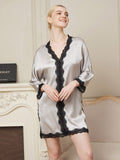 SilkSilky AU Pure Silk 3/4 Sleeve V Neck Nightgown Silver 002