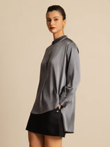 [Dark Gray] SilkSilky-AU 19Momme Stretch Silk Charmeuse Long Sleeve Stand Collar Blouse 006