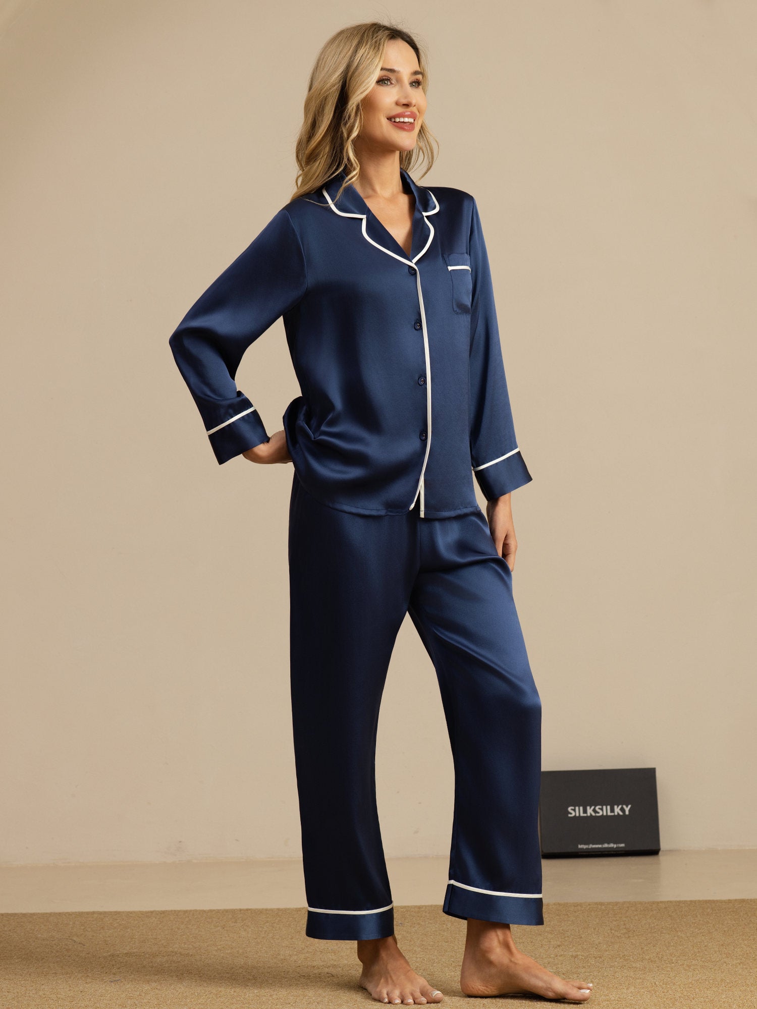 [Dark Blue] SilkSilky-AU Pure Silk Long Sleeve Lapel Collar Women's Pyjamas 007