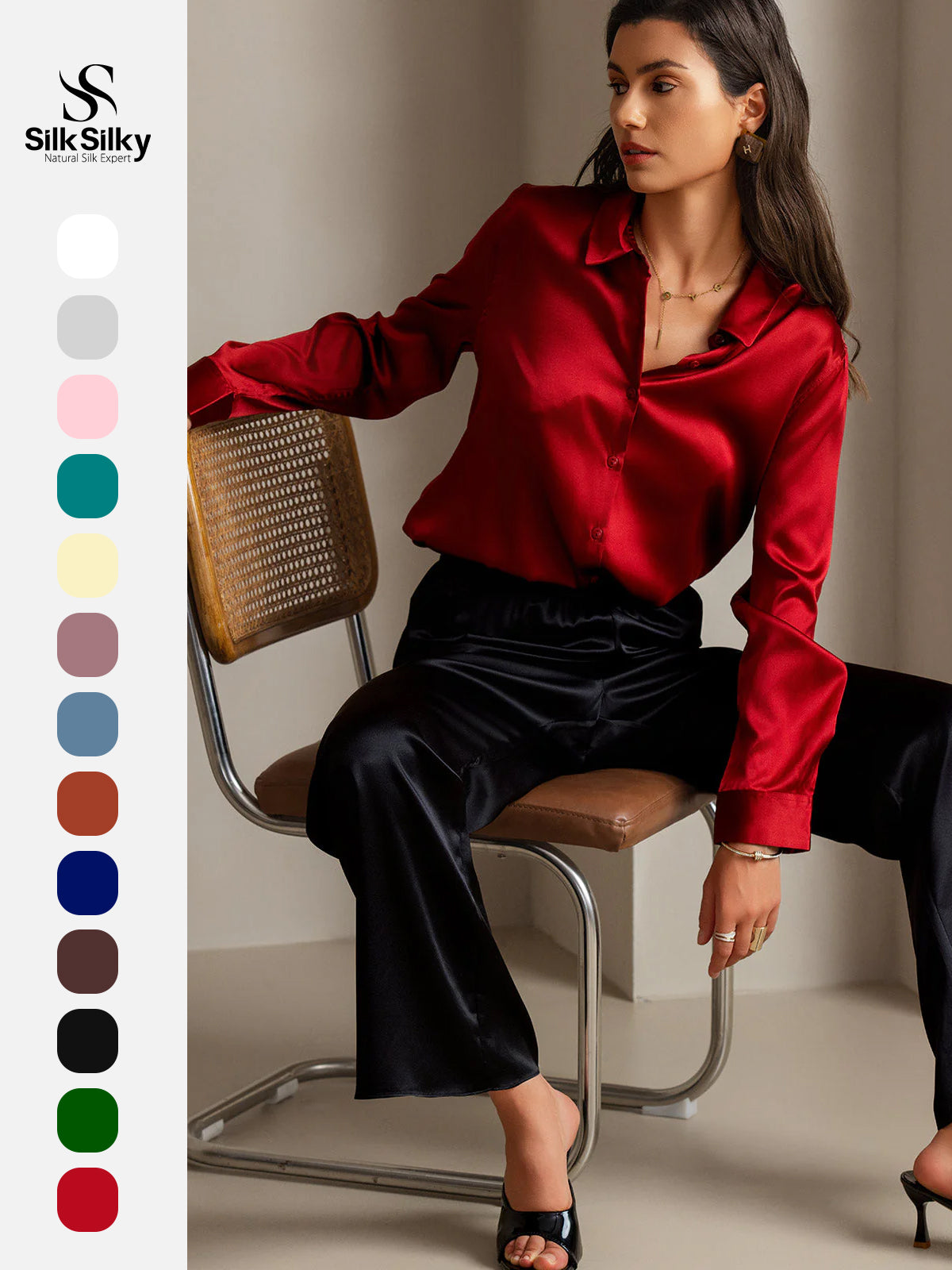 [Red] SilkSilky-AU Silk Long Sleeve Lapel Collar Women's Shirt 001
