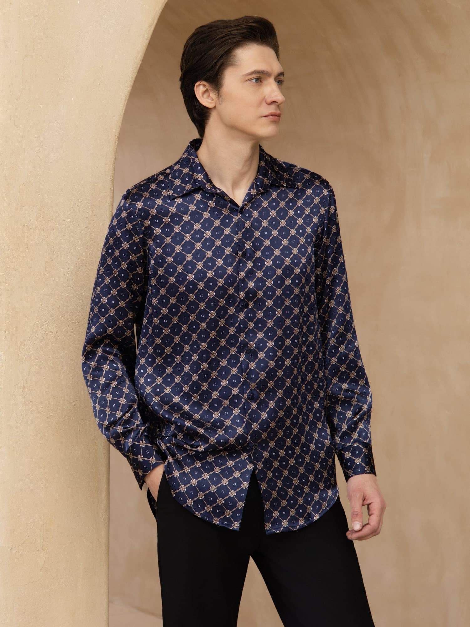 [Navy Chain] SilkSilky-AU Long Sleeve Lapel Collar Men's Shirt 001