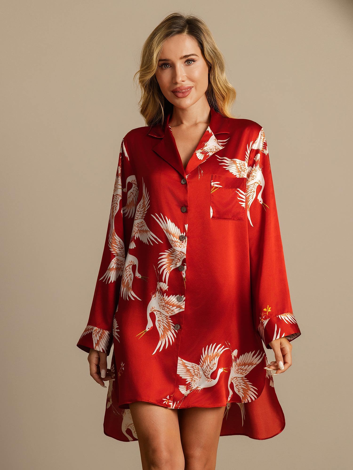 [DarkRed] SilkSilky-AU 19Momme Pure Silk Split Nightshirt 003