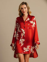 [Dark Red] SilkSilky-AU 19Momme Long Sleeve Notch Collar Nightshirt 003