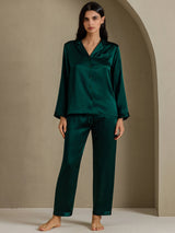 [Dark Green] SilkSilky-AU Long Sleeve Lapel Collar Women's Pyjamas 006
