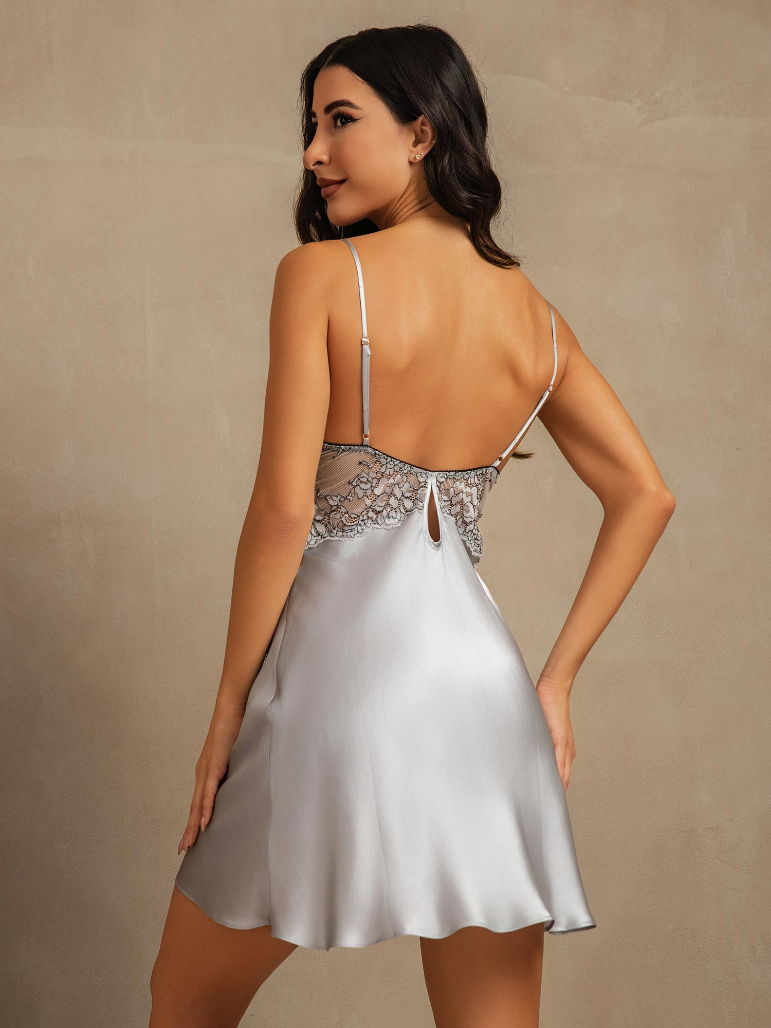 [Grayish Blue] SilkSilky-AU Pure Silk Deep V Neck Nightgown 002