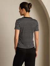 [Black Stripe] SilkSilky-AU Short Sleeve Crew Neck Women's T-Shirt 002
