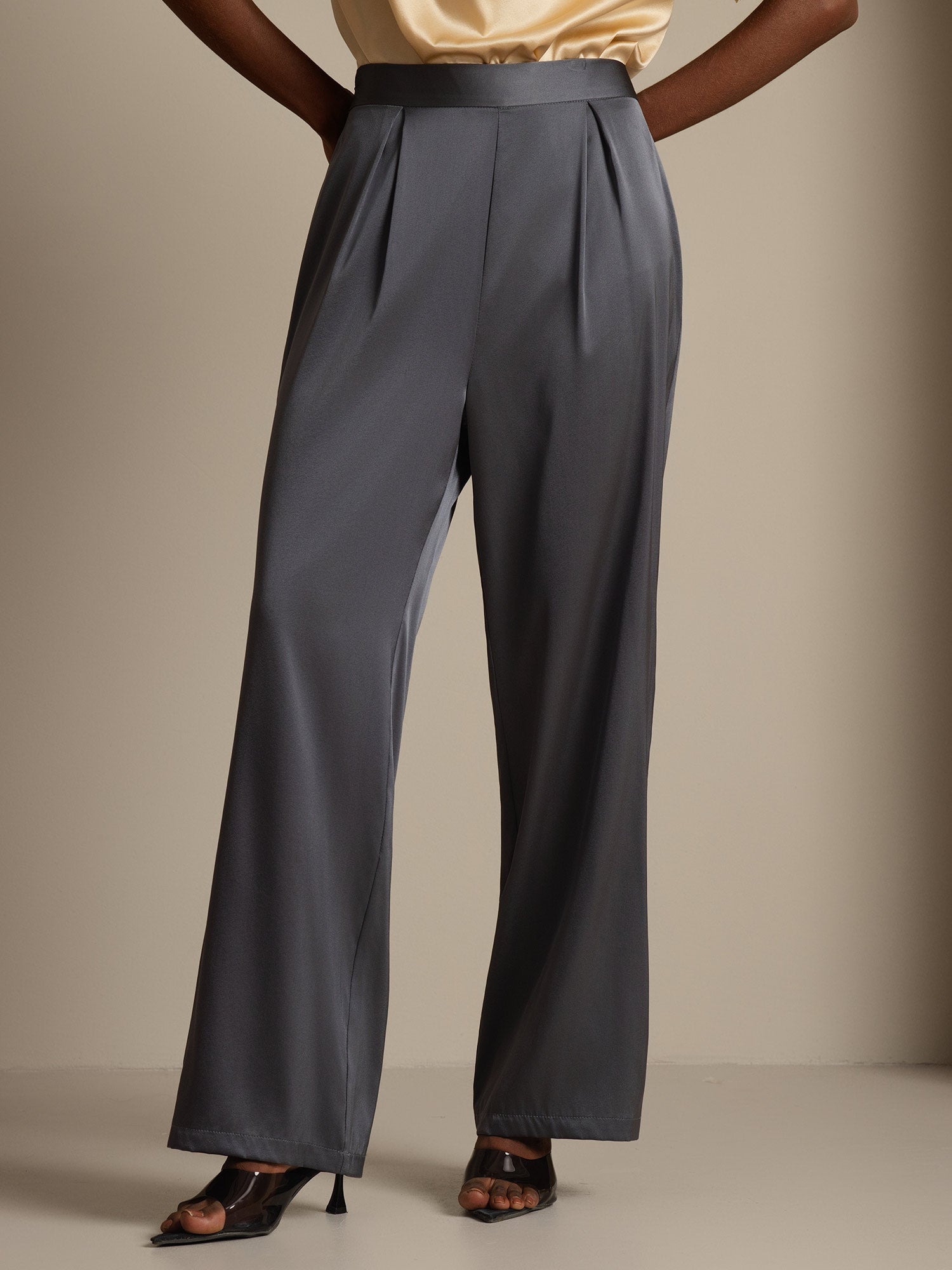 [Dark Gray] SilkSilky-AU 19Momme Stretch Silk Charmeuse Women's Pants 001