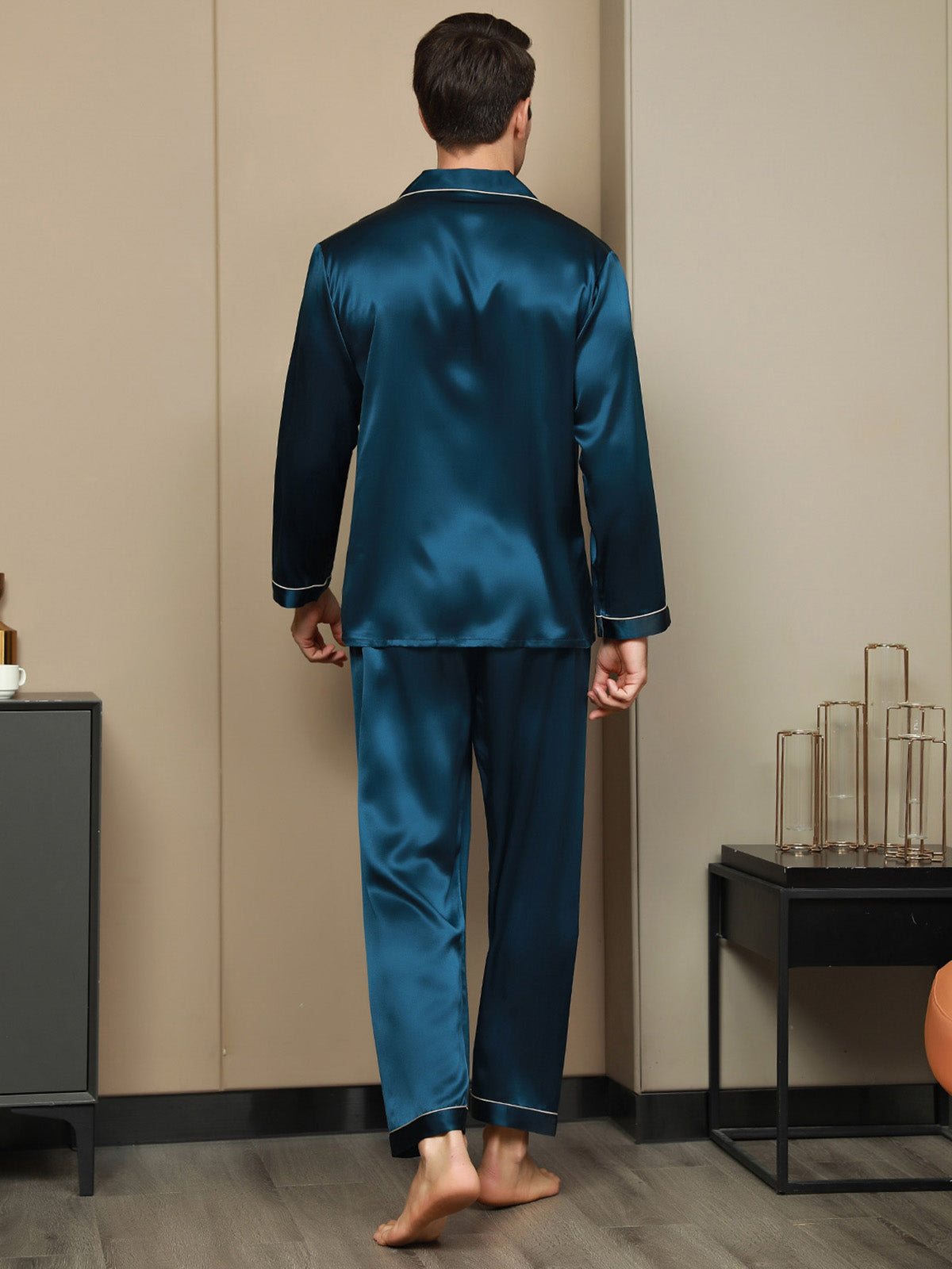 SilkSilky AU 19Momme Pure Silk Long Sleeve Lapel Men's Pyjamas Teal 002